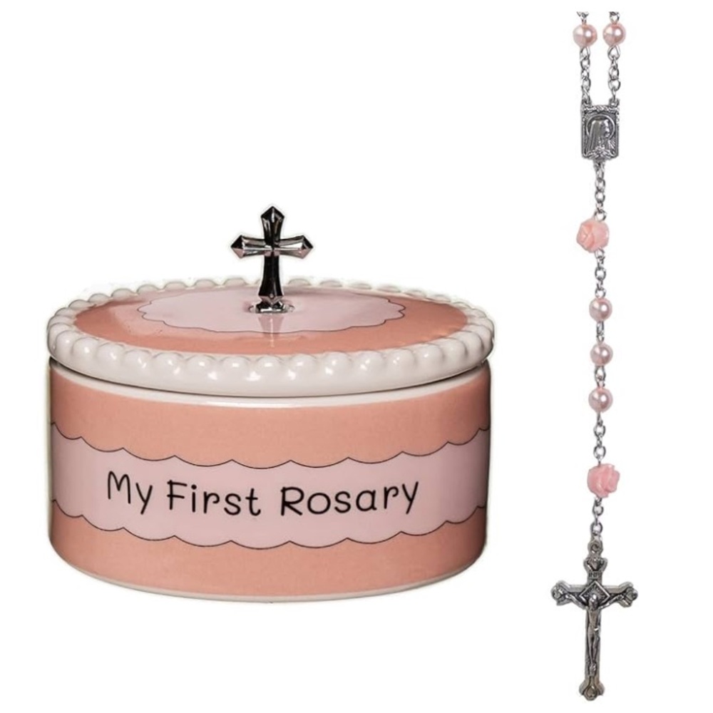 NIB Pink Rosary Keepsake Box with Cross
